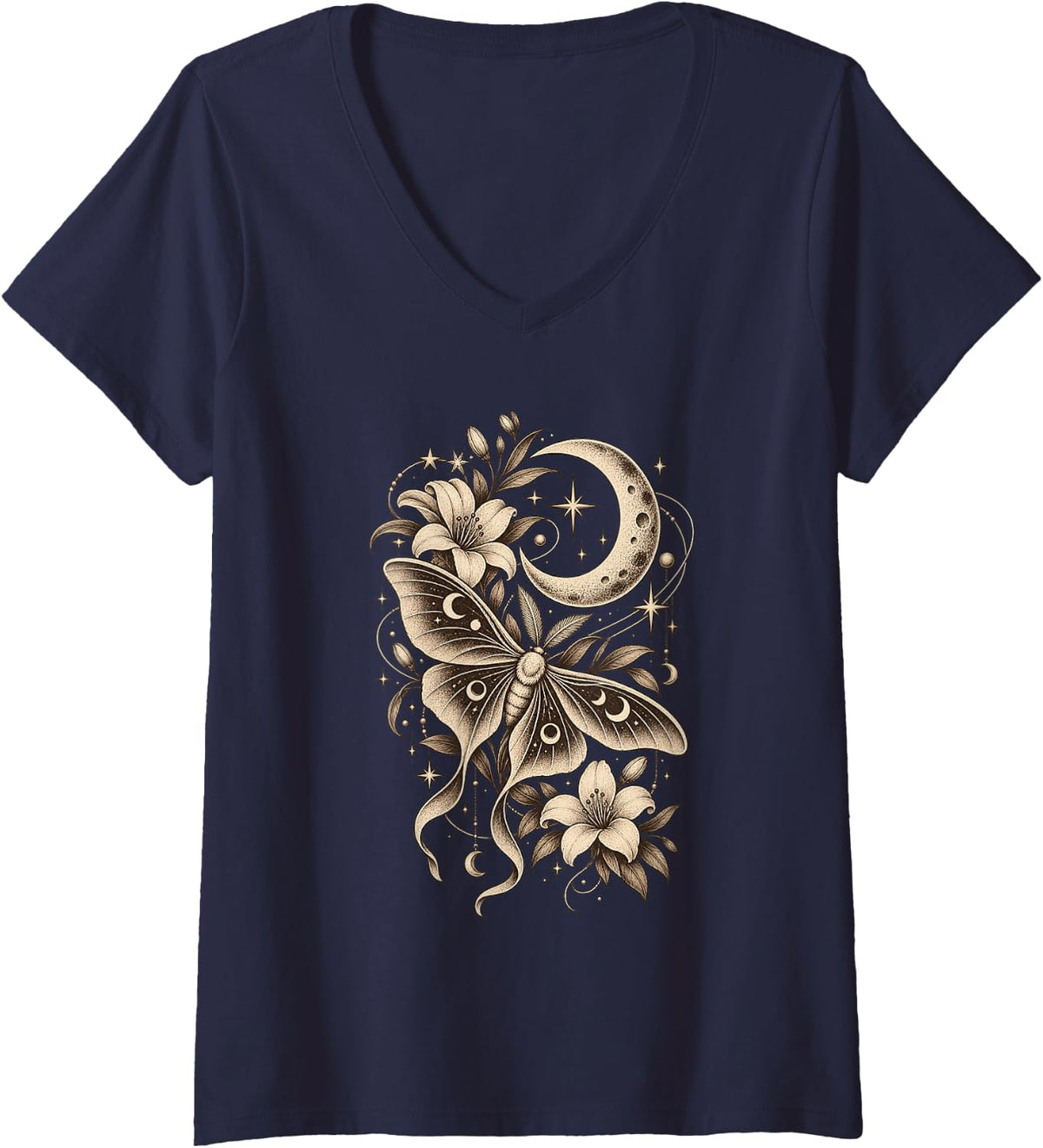Women's Celestial Moth Crescent Moon Floral Flower Stars Vintage V-Neck T-Shirt - Navy Blue