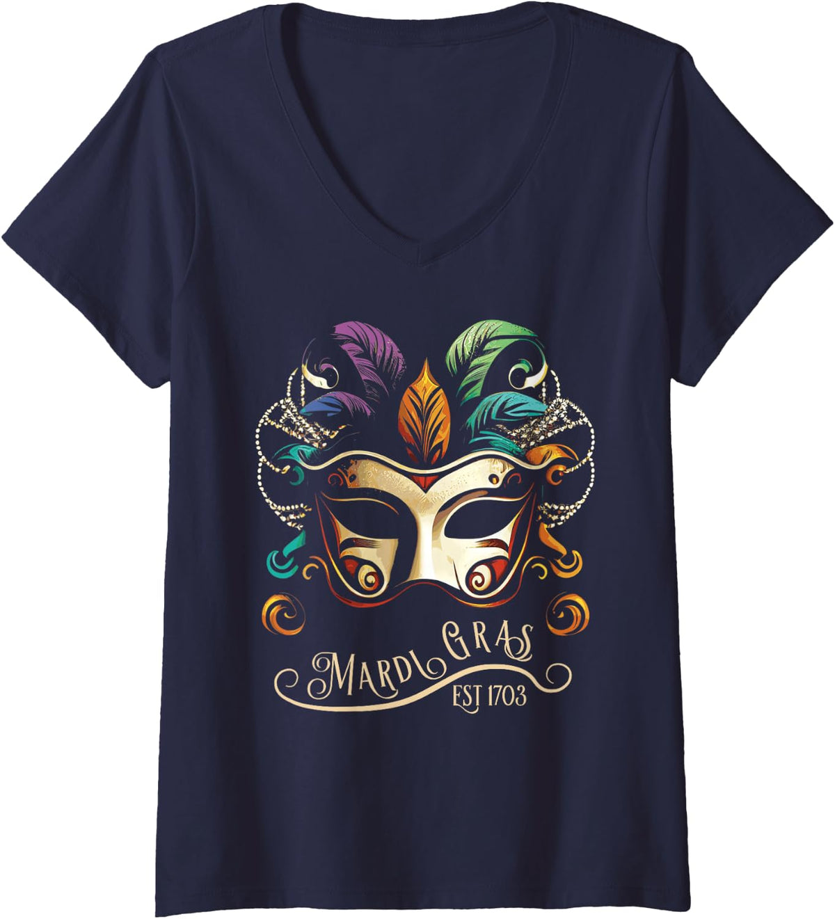 Womens Vintage Mardi Gras Mask V-Neck T-Shirt - Navy Blue