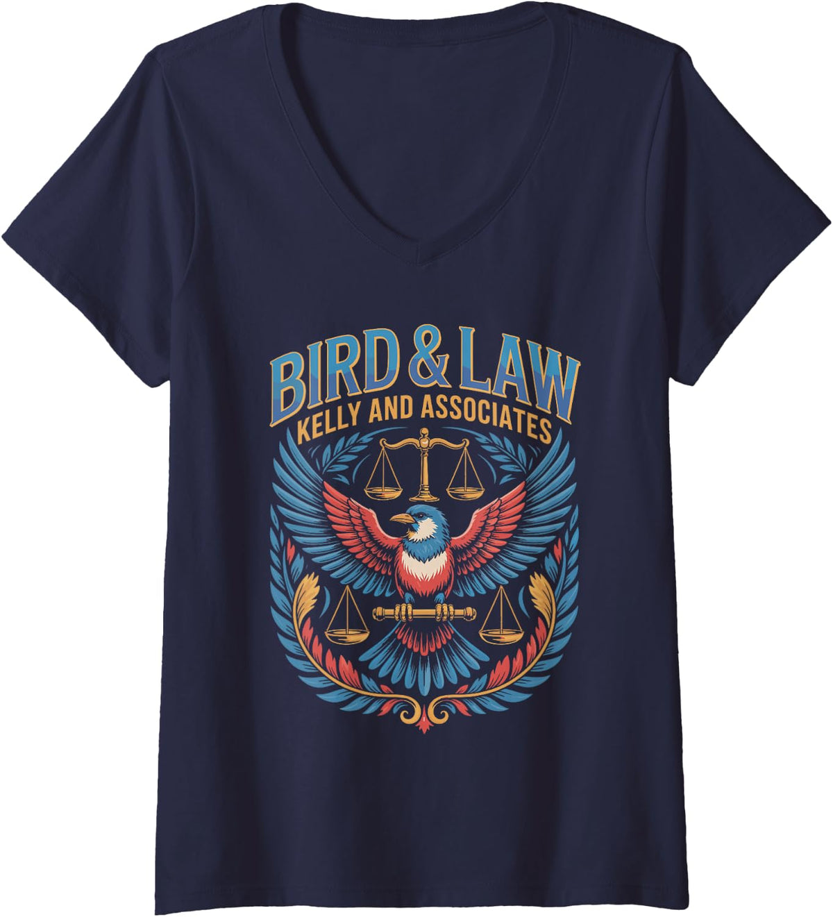 Women's Bird Lawyer Parody with Scales and Birds V-Neck T-Shirt - Navy Blue