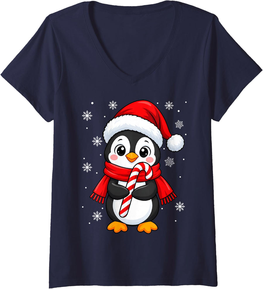Women's Cute Festive Christmas Santa Penguin Candy Cane V-Neck T-Shirt - Navy Blue