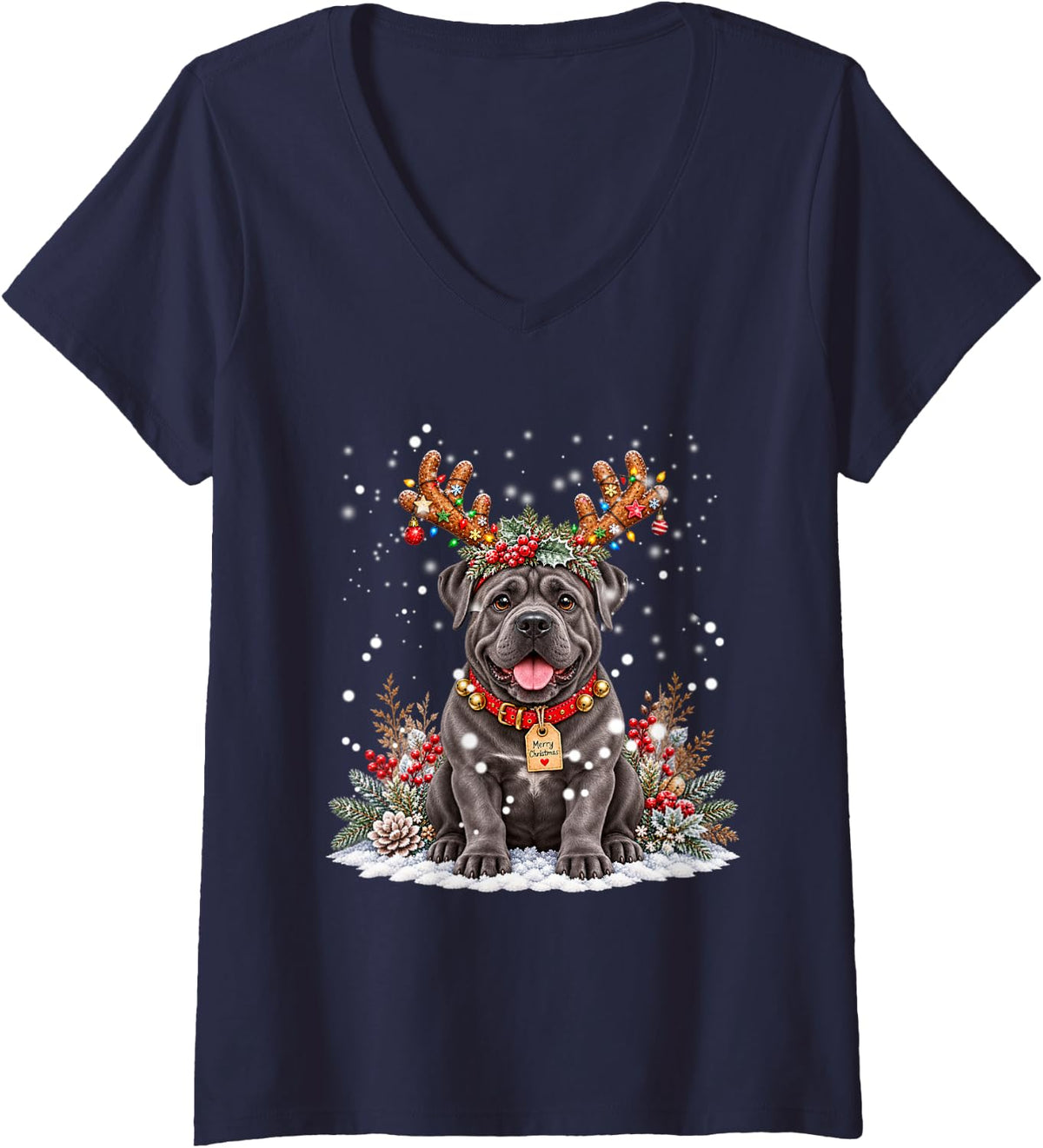 Women's Cane Corso Christmas Reindeer Lights Dog Lover Festive Xmas V-Neck T-Shirt - Navy Blue