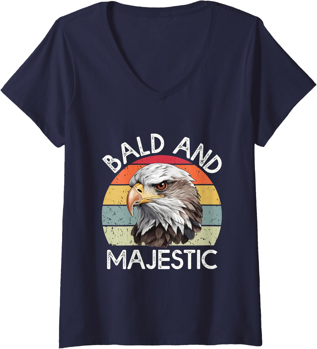 Women's Bald and Majestic Eagle Husband Grandpa Joke Humor V-Neck T-Shirt - Navy Blue