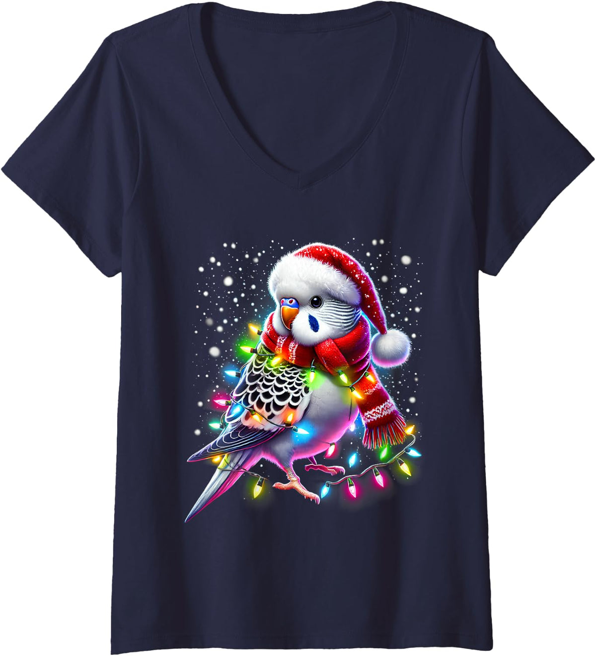 Women's Funny Parakeet Christmas Tree Lights Xmas Parrot Lover V-Neck T-Shirt - Navy Blue