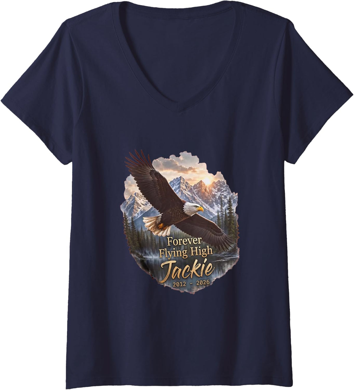 Women's Forever Flying High Big Bear Eagle Jackie Bald Eagle V-Neck T-Shirt - Navy Blue