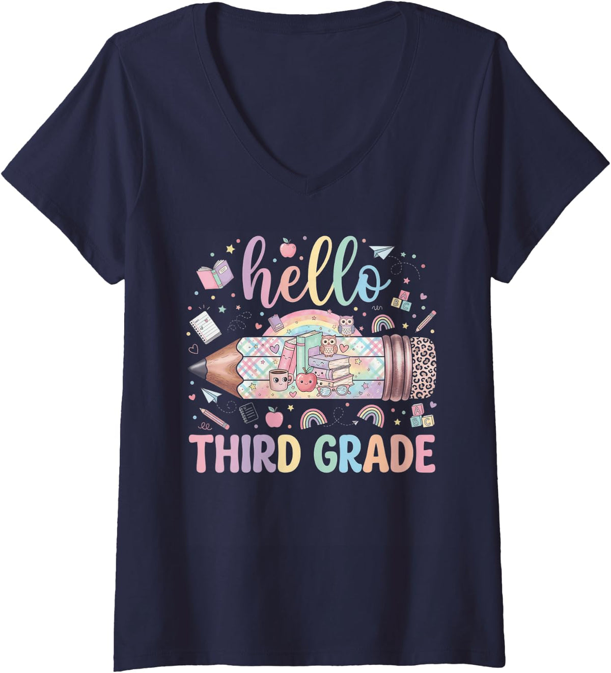 Women's Hello Third Grade Leopard Back to School for Kids Teachers V-Neck T-Shirt - Navy Blue