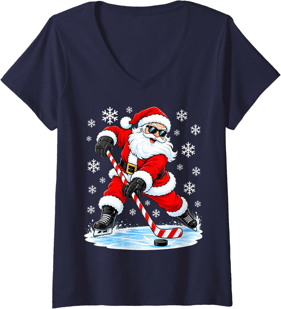 Women's Funny Christmas Santa Playing Ice Hockey Xmas Sport V-Neck T-Shirt - Navy Blue