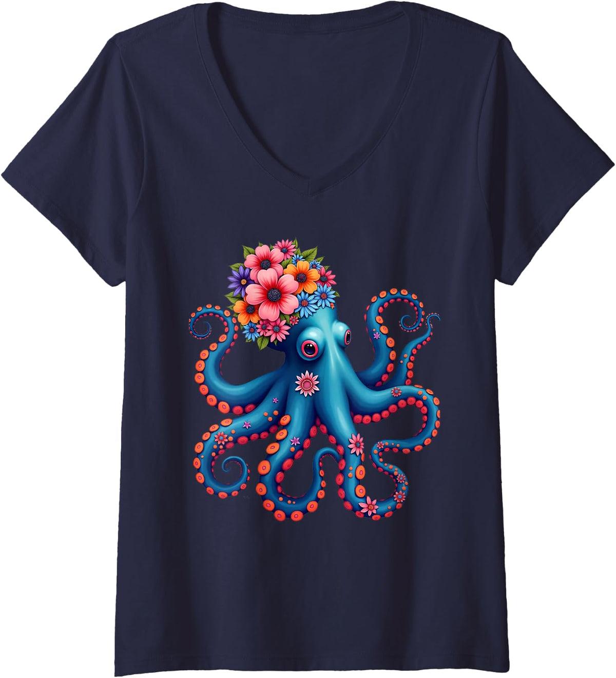 Women's Cute Floral Ocean Octopus Vintage Marine Life Floral Sea Art V-Neck T-Shirt - Navy Blue