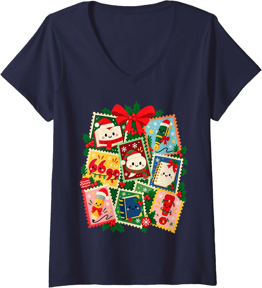 Women's Christmas English Teacher Writing Holiday Stamp Collage V-Neck T-Shirt - Navy Blue