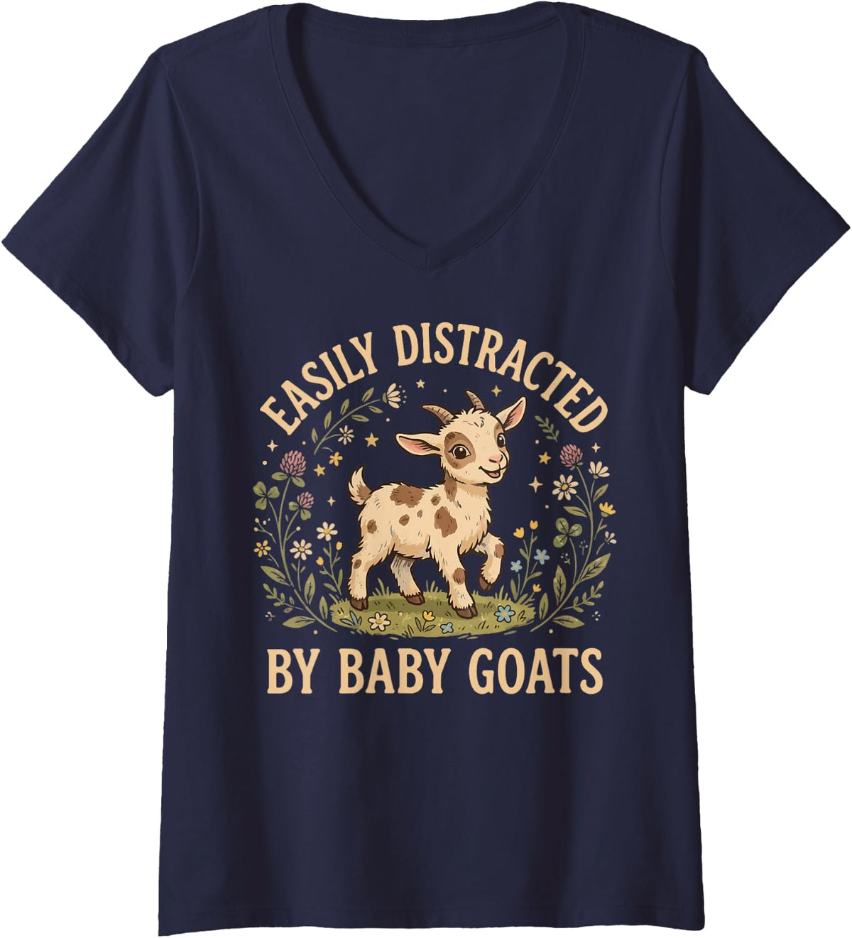 Women's Easily Distracted By Baby Goats V-Neck T-Shirt - Navy Blue