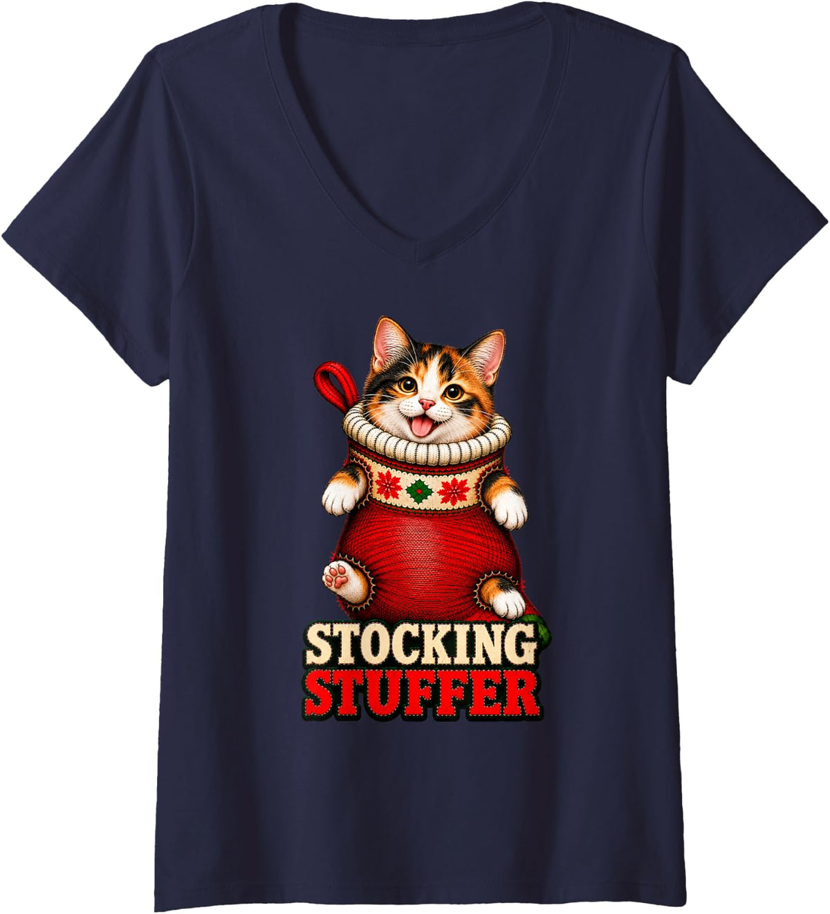 Women's Calico Cat Christmas Stocking Stuffer V-Neck T-Shirt - Navy Blue