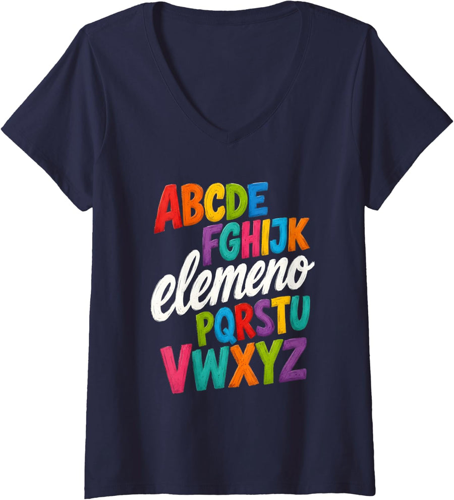 Women's Humor Preschool Teacher Alphabet ABC Elemeno V-Neck T-Shirt - Navy Blue