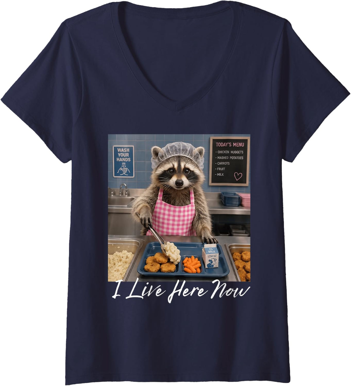 Women's I Live Here Now Funny Raccoon Cafeteria Lady Lunch Worker V-Neck T-Shirt - Navy Blue