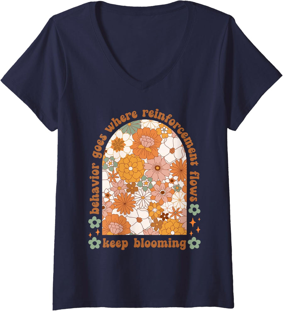Women's Boho Flower Behavior Goes Where Reinforcement ABA Therapist V-Neck T-Shirt - Navy Blue