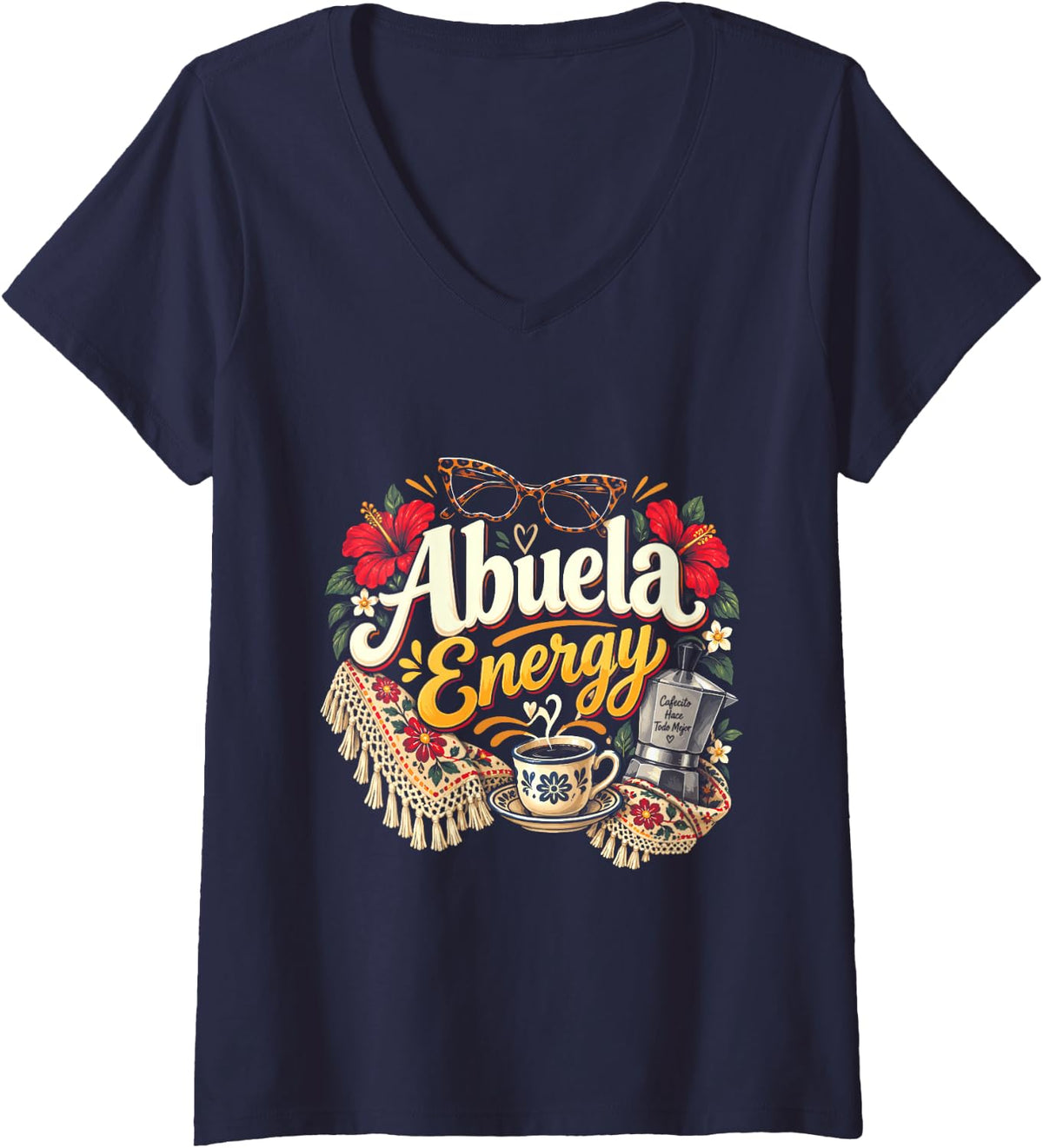 Women's Abeula Energy Funny Abuela V-Neck T-Shirt - Navy Blue