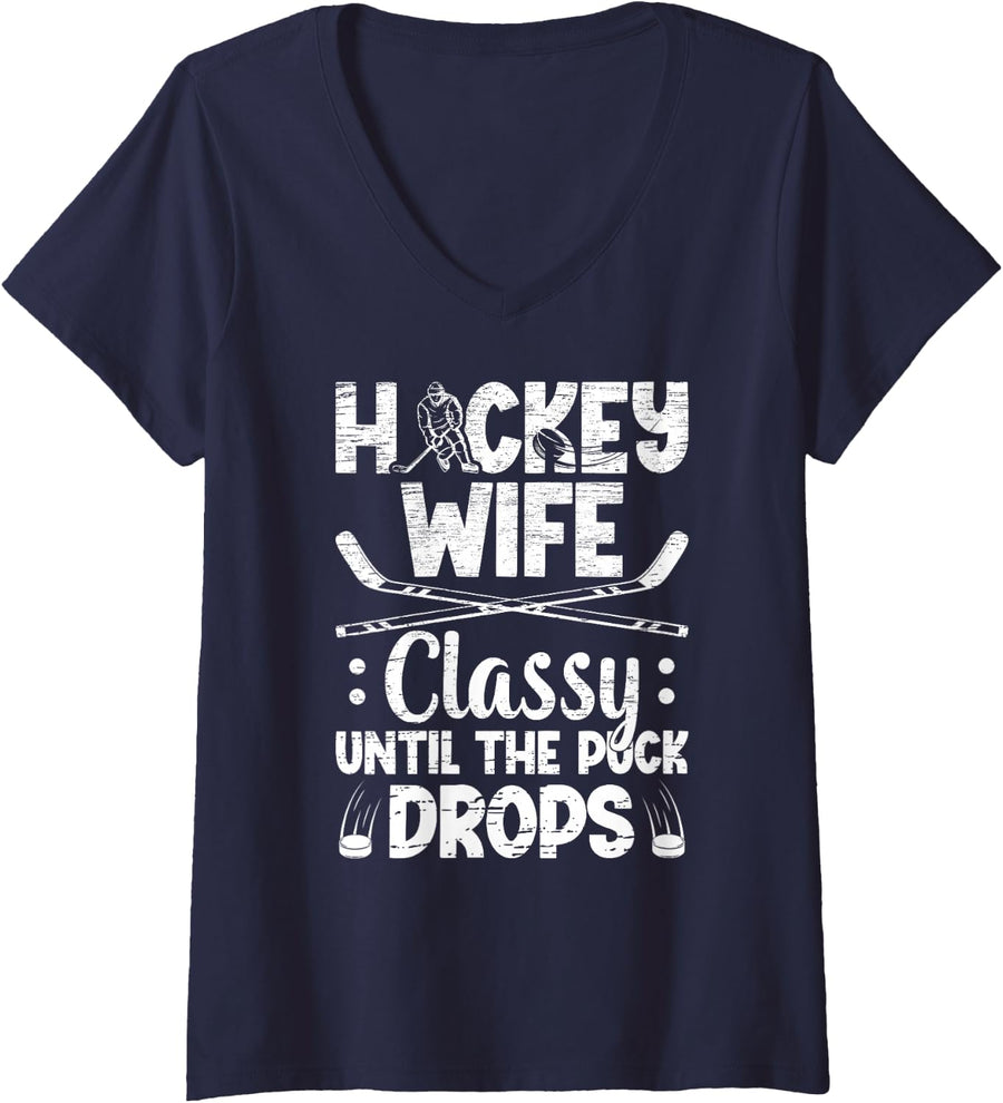 Womens Hockey Wife Of A Hockey Player Funny Ice Hockey Player Wife V-Neck T-Shirt - Navy Blue