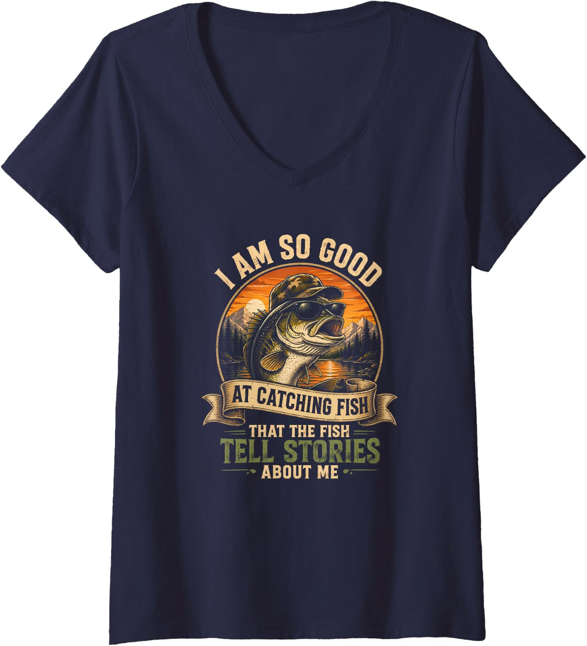 Women's Funny Catching Fish Stories Largemouth Bass Angler Humor V-Neck T-Shirt - Navy Blue