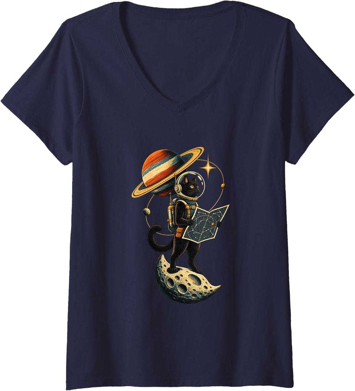 Women's Retro Star Space Cat Celestial Cartographer V-Neck T-Shirt - Navy Blue