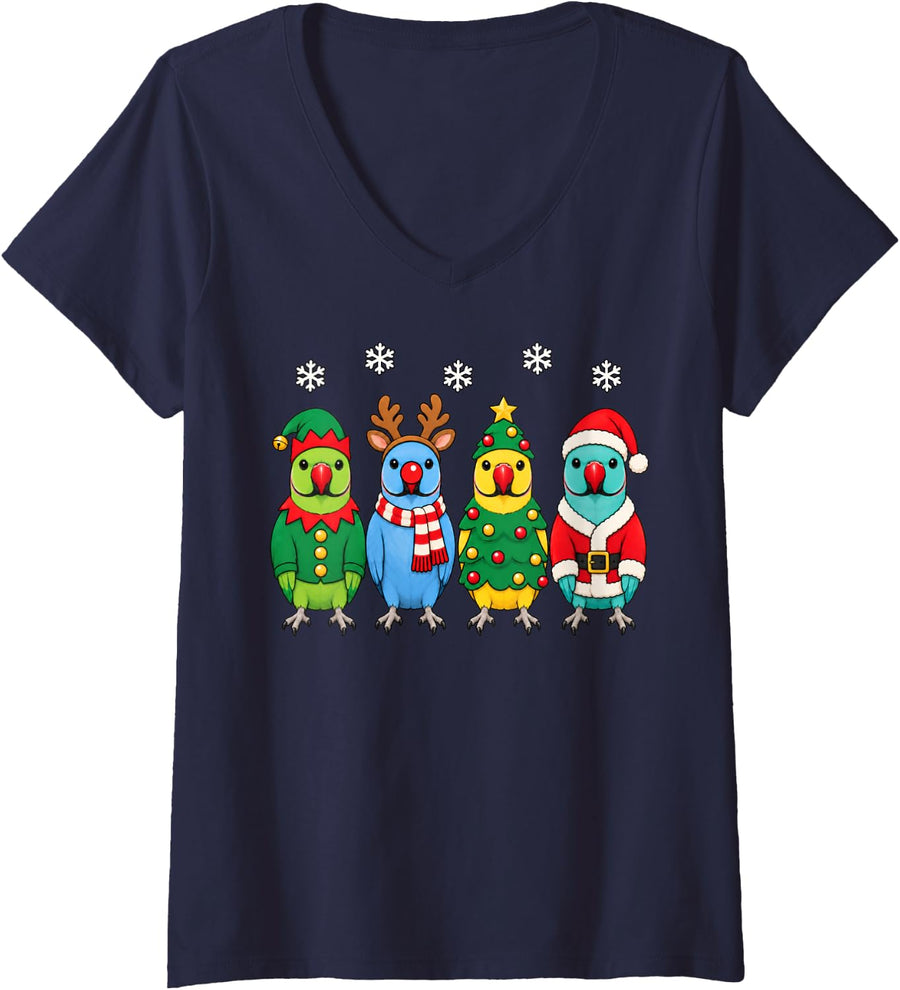 Women's Indian Ringneck Parrot Christmas Reindeer Santa Bird V-Neck T-Shirt - Navy Blue