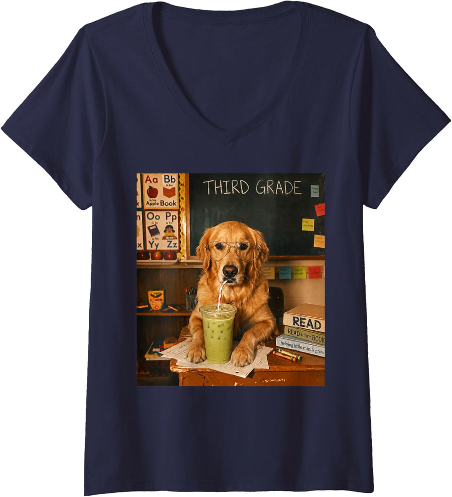 Women's Third Grade Teacher Funny Golden Retriever Dog School Design V-Neck T-Shirt - Navy Blue