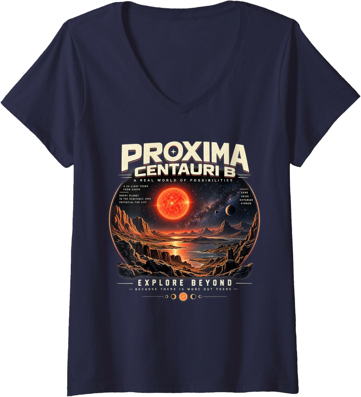 Women's Proxima Centauri B Exoplanet Astronomy Habitable Zone V-Neck T-Shirt - Navy Blue