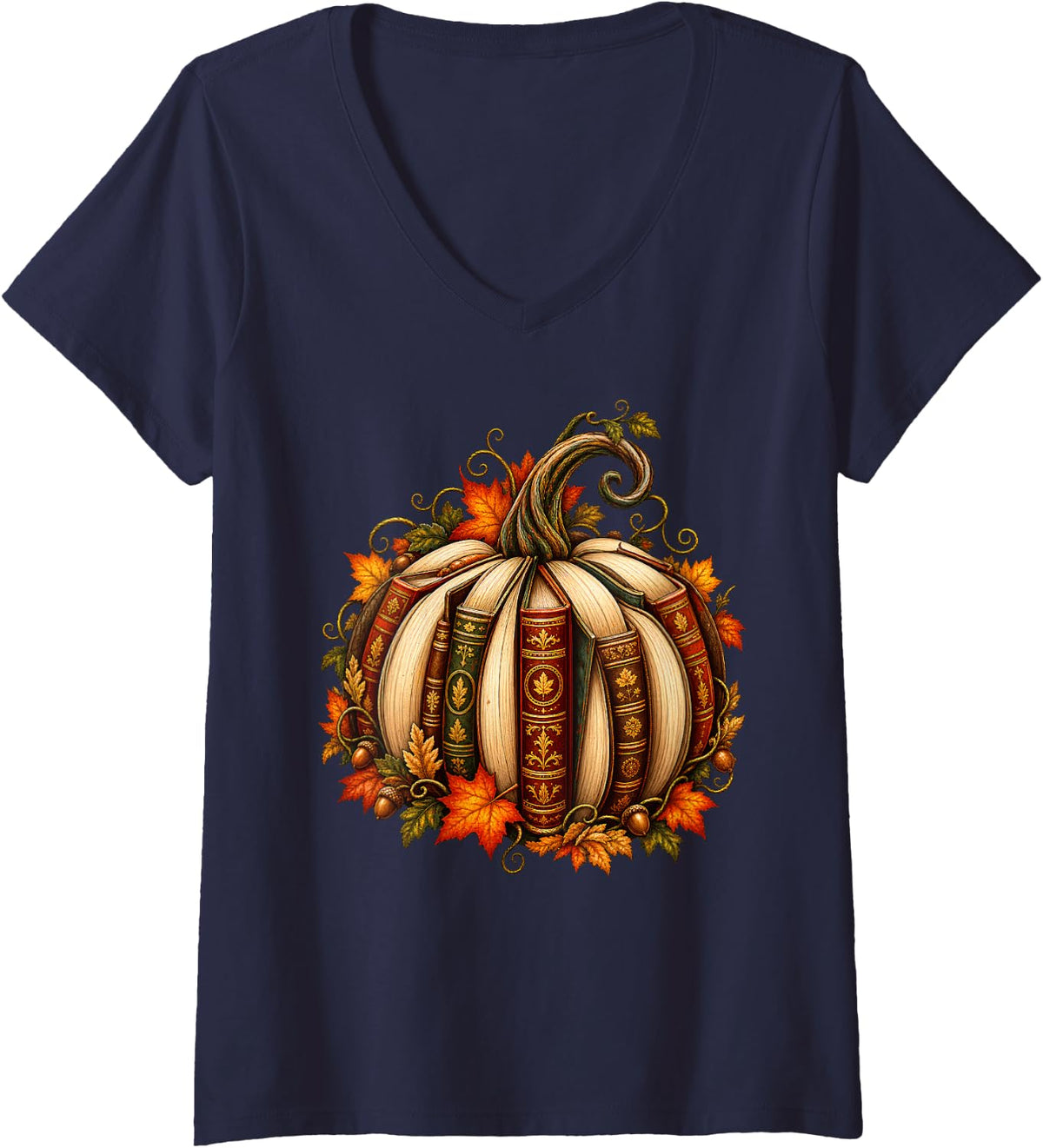 Women's Pumpkin Books Autumn Fall Reading Bibliophile Aesthetic V-Neck T-Shirt - Navy Blue