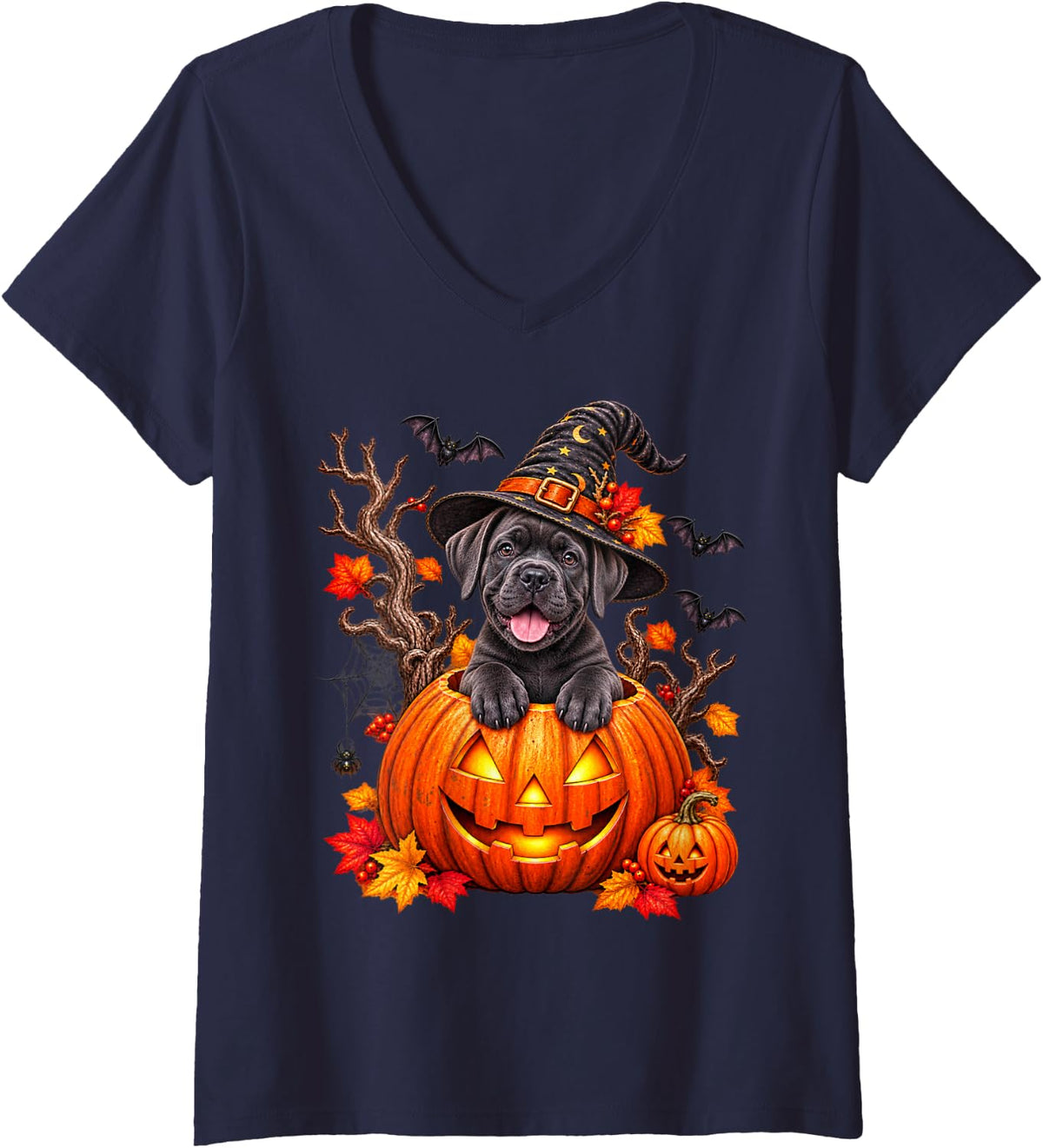 Women's Cane Corso Pumpkin Halloween Thanksgiving Men Women V-Neck T-Shirt - Navy Blue