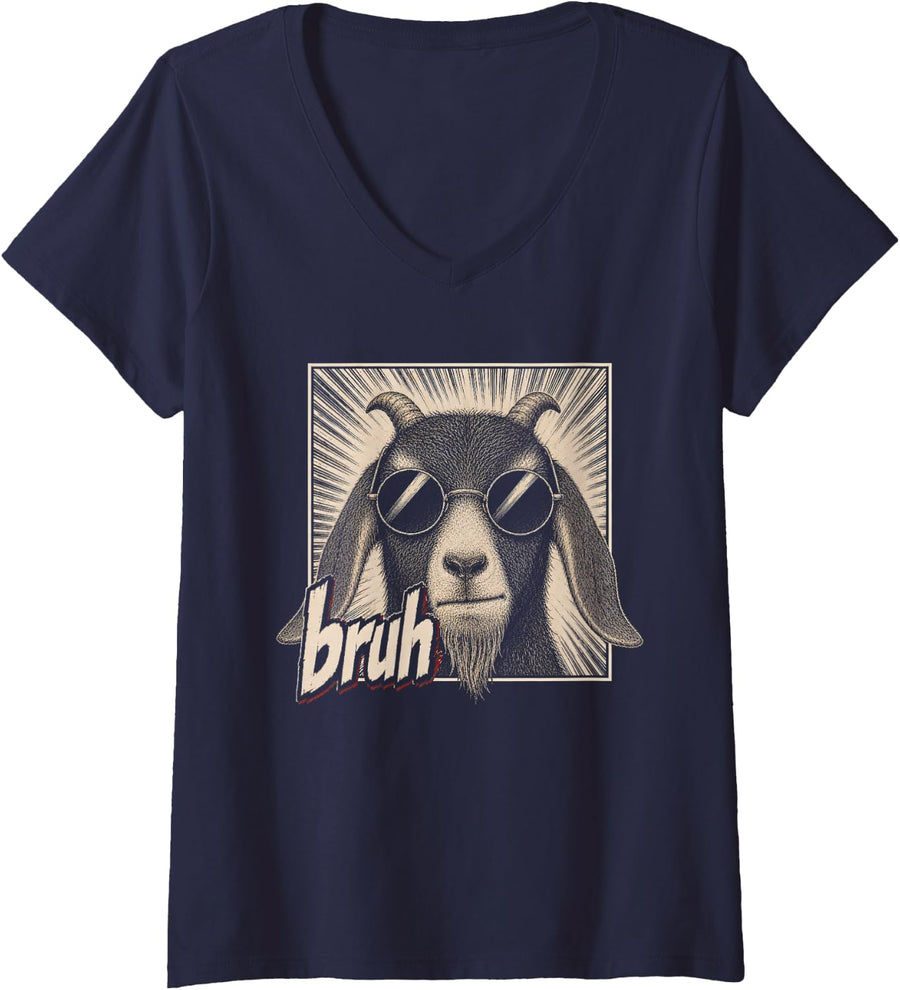 Women's Goat Dad Bruh Funny Meme Sarcastic Cool Farm Animal Lover V-Neck T-Shirt - Navy Blue
