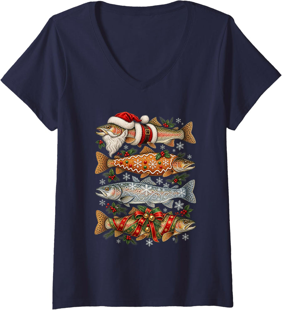Women's Christmas Trout Fish Santa Gingerbread Snowflake Holiday V-Neck T-Shirt - Navy Blue