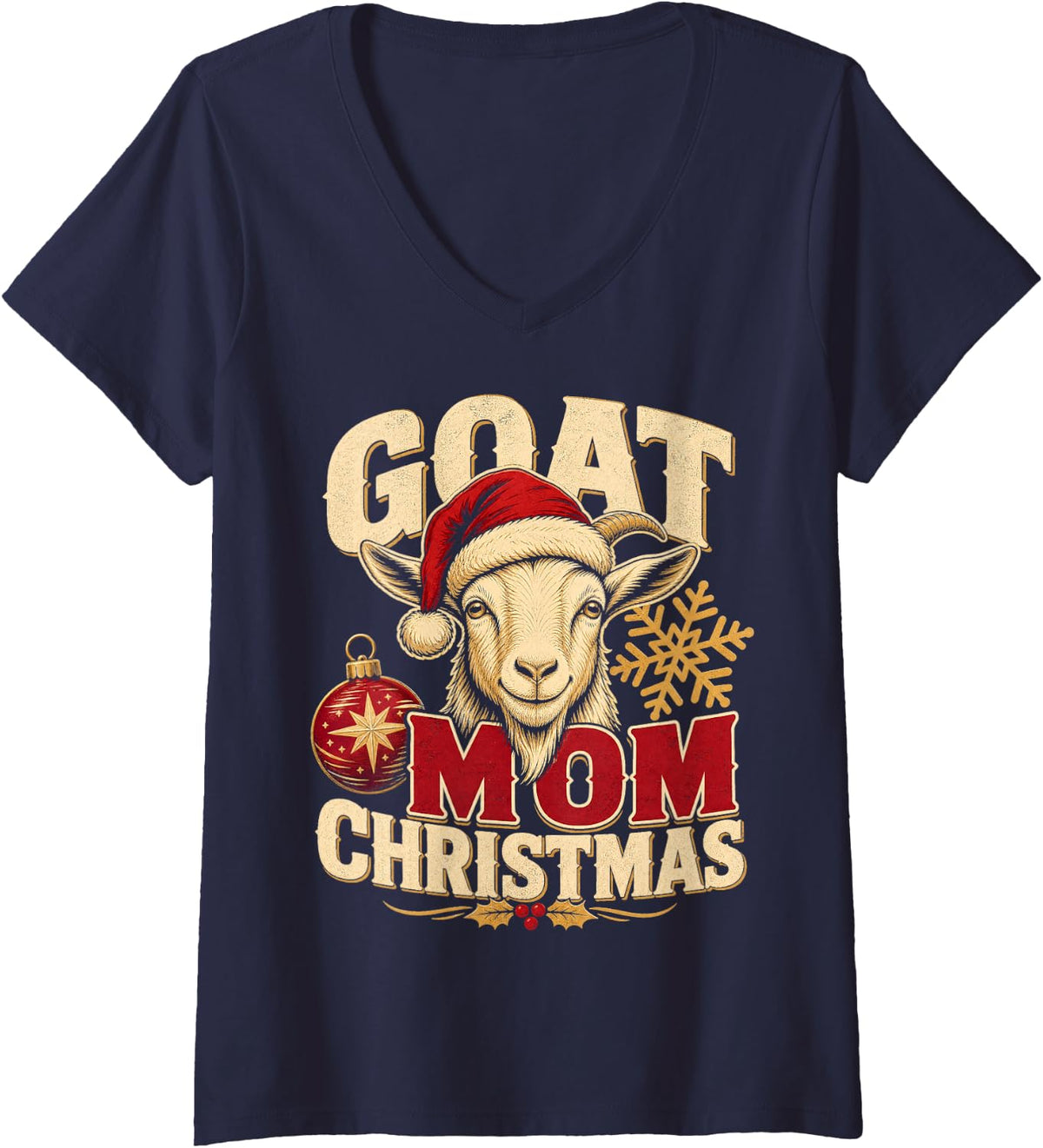 Women's Goat Mom Christmas Holiday V-Neck T-Shirt - Navy Blue