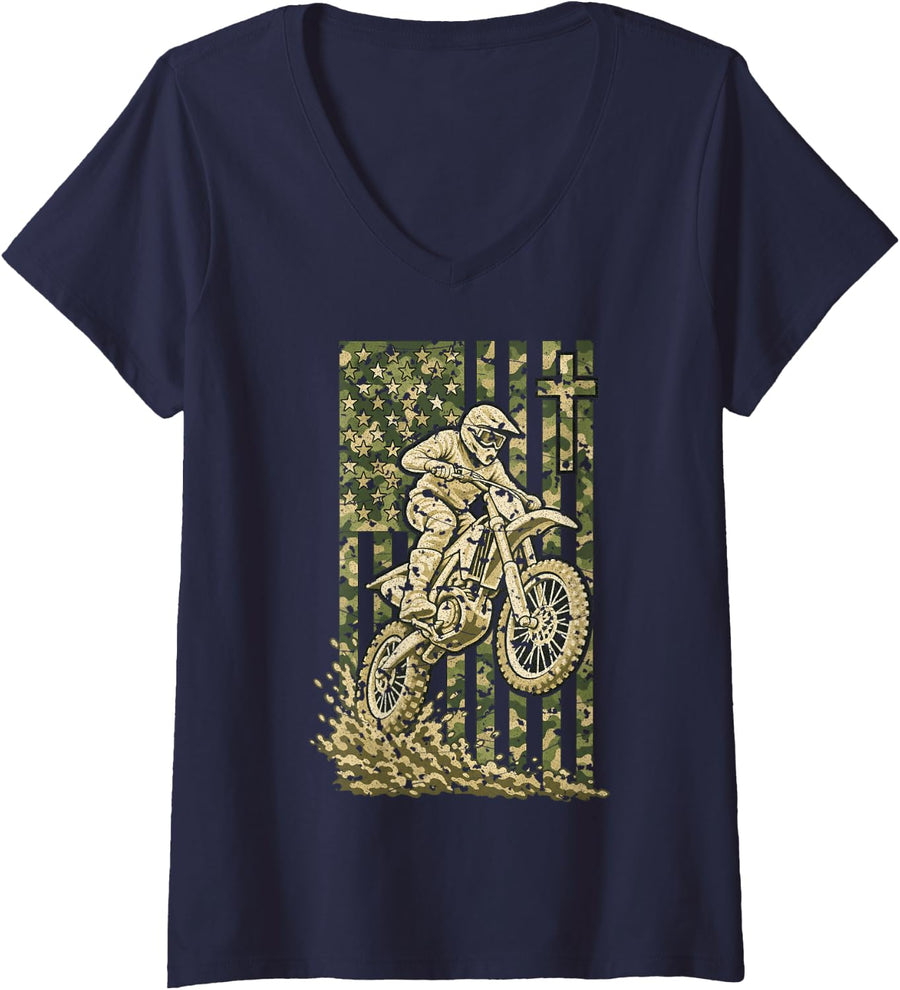 Women's American Flag Camo Dirt Bike V-Neck T-Shirt - Navy Blue