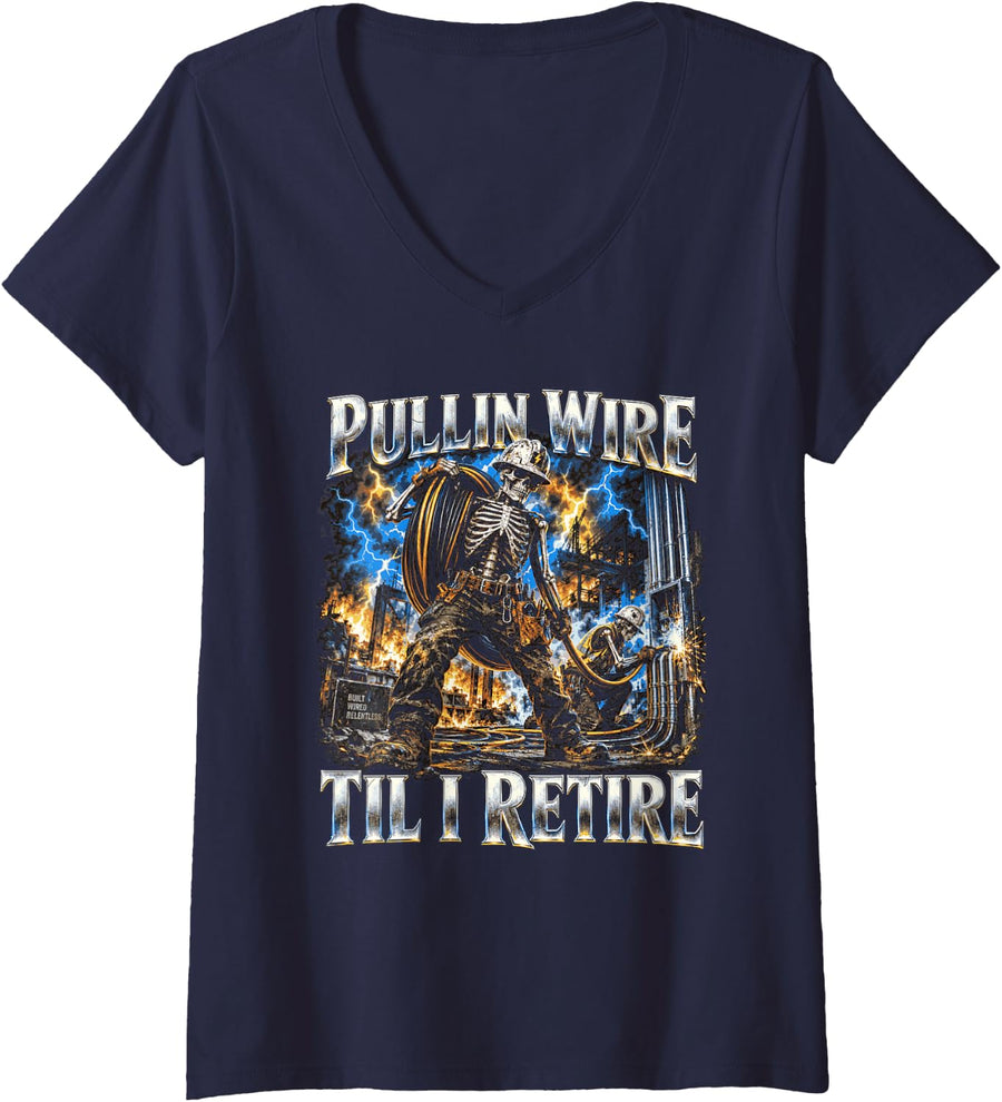 Women's Pullin Wire Til I Retire Electrician Skeleton Lineman V-Neck T-Shirt - Navy Blue