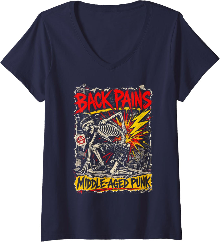Women's Back Pains Middle-Aged Punk Skeleton Aging Punk Rock Humor V-Neck T-Shirt - Navy Blue