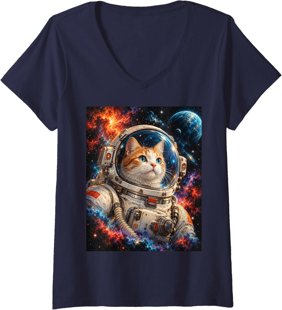 Women's Space Cat - Cat Astronaut Feline in Colorful Nebula Cosmos V-Neck T-Shirt - Navy Blue