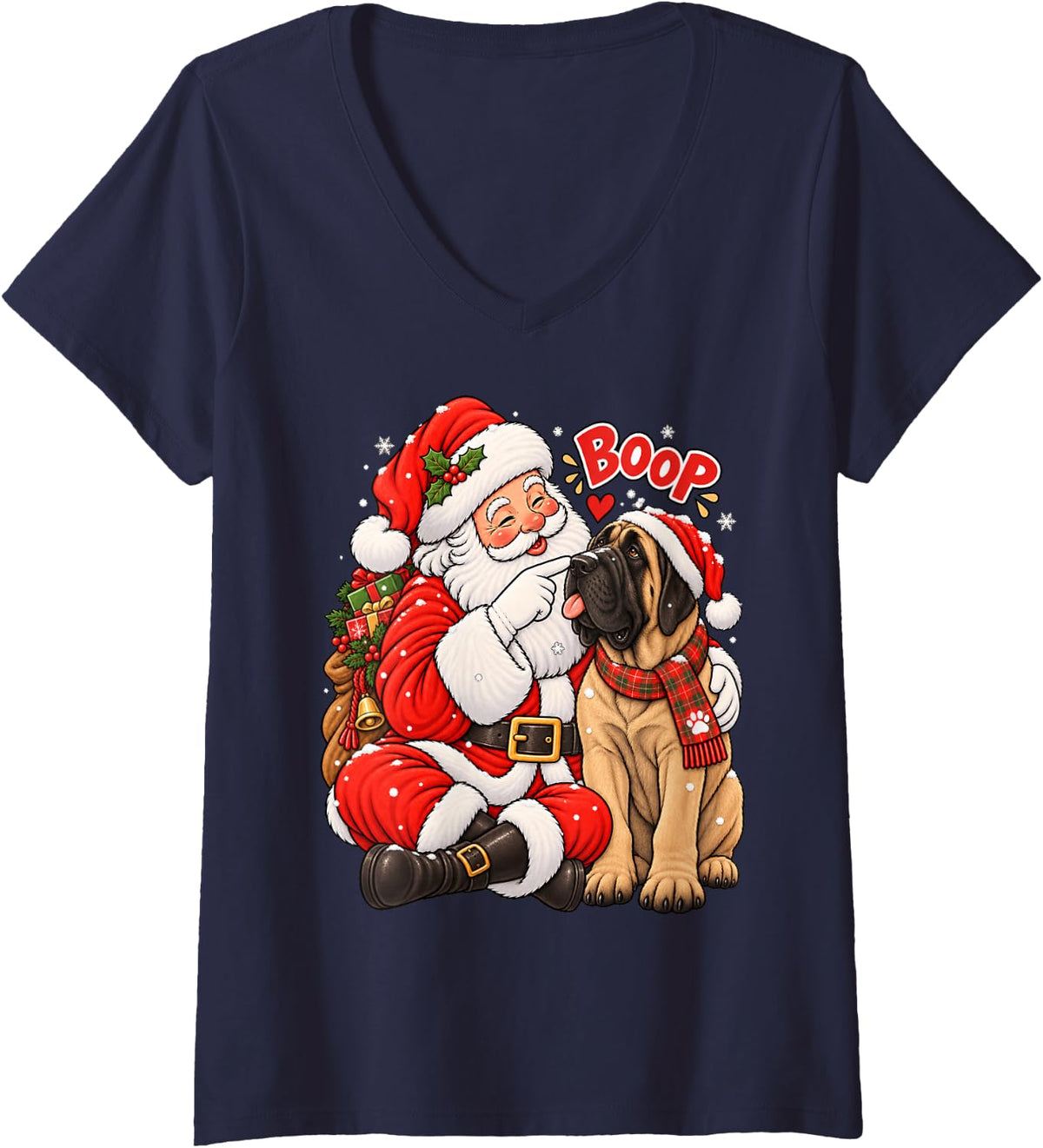Women's Funny English Mastiff Boop Santa Christmas V-Neck T-Shirt - Navy Blue