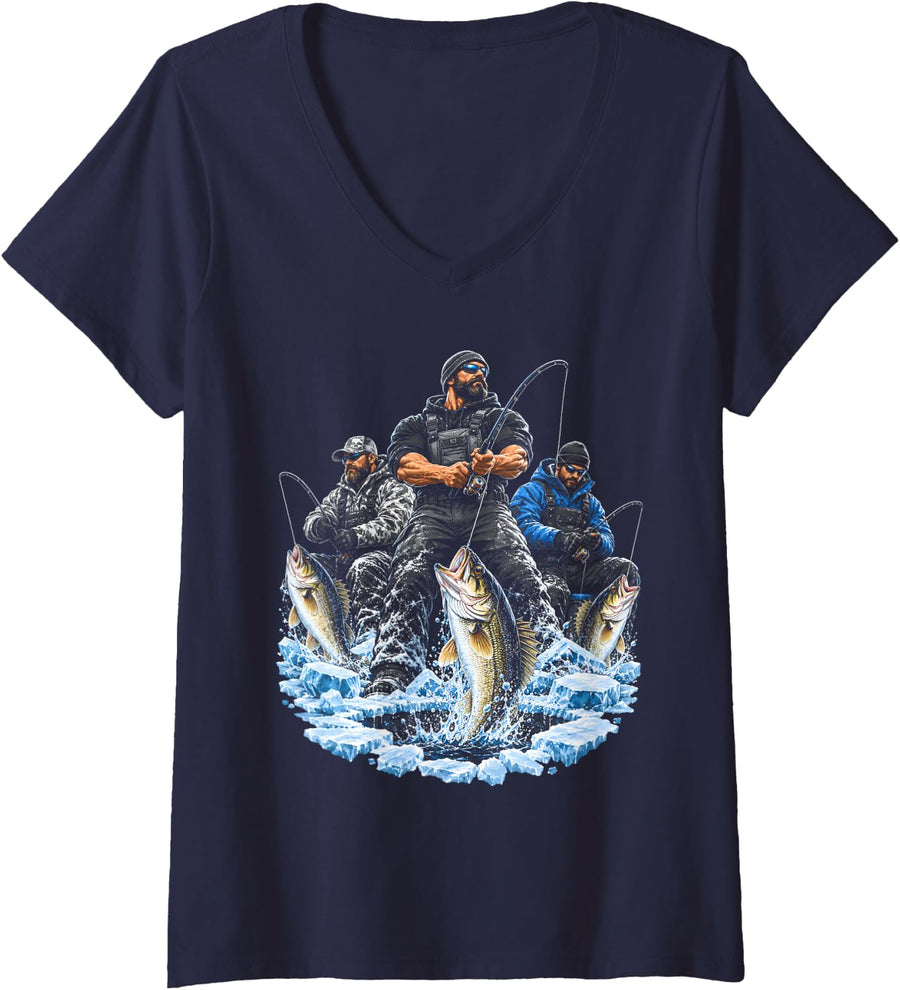 Women's Ice Fishing Walleye Anglers Frozen Lake Fishermen V-Neck T-Shirt - Navy Blue