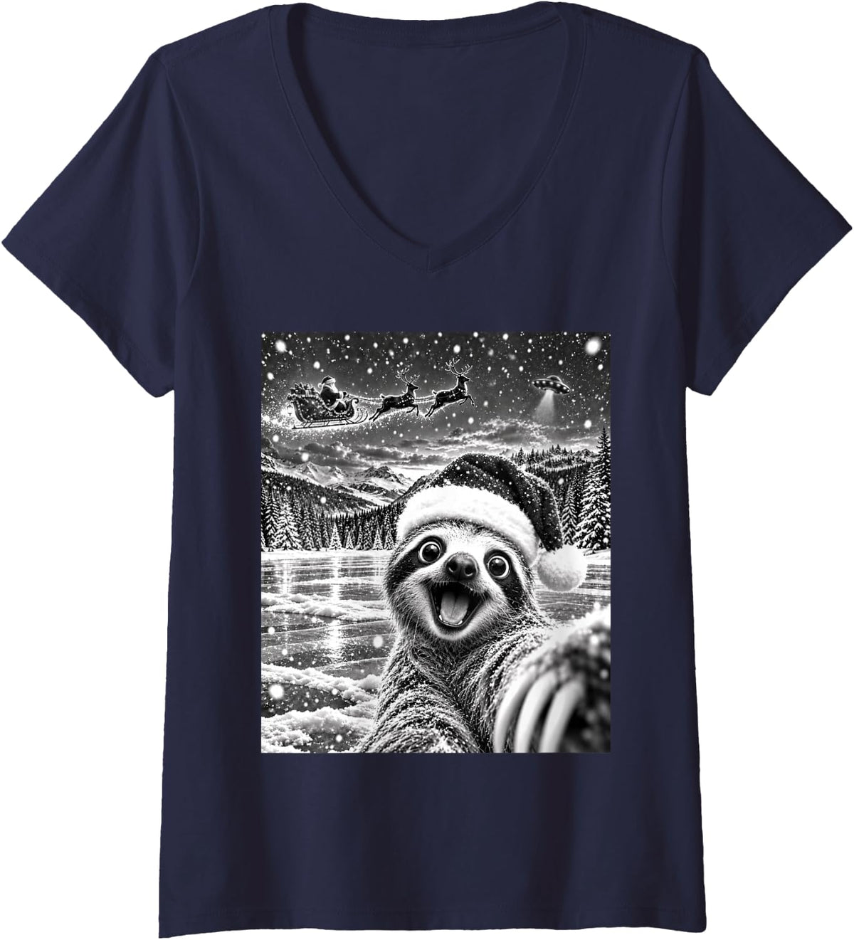 Women's Sloth Selfie with Santa Funny Christmas Men Women Kids V-Neck T-Shirt - Navy Blue