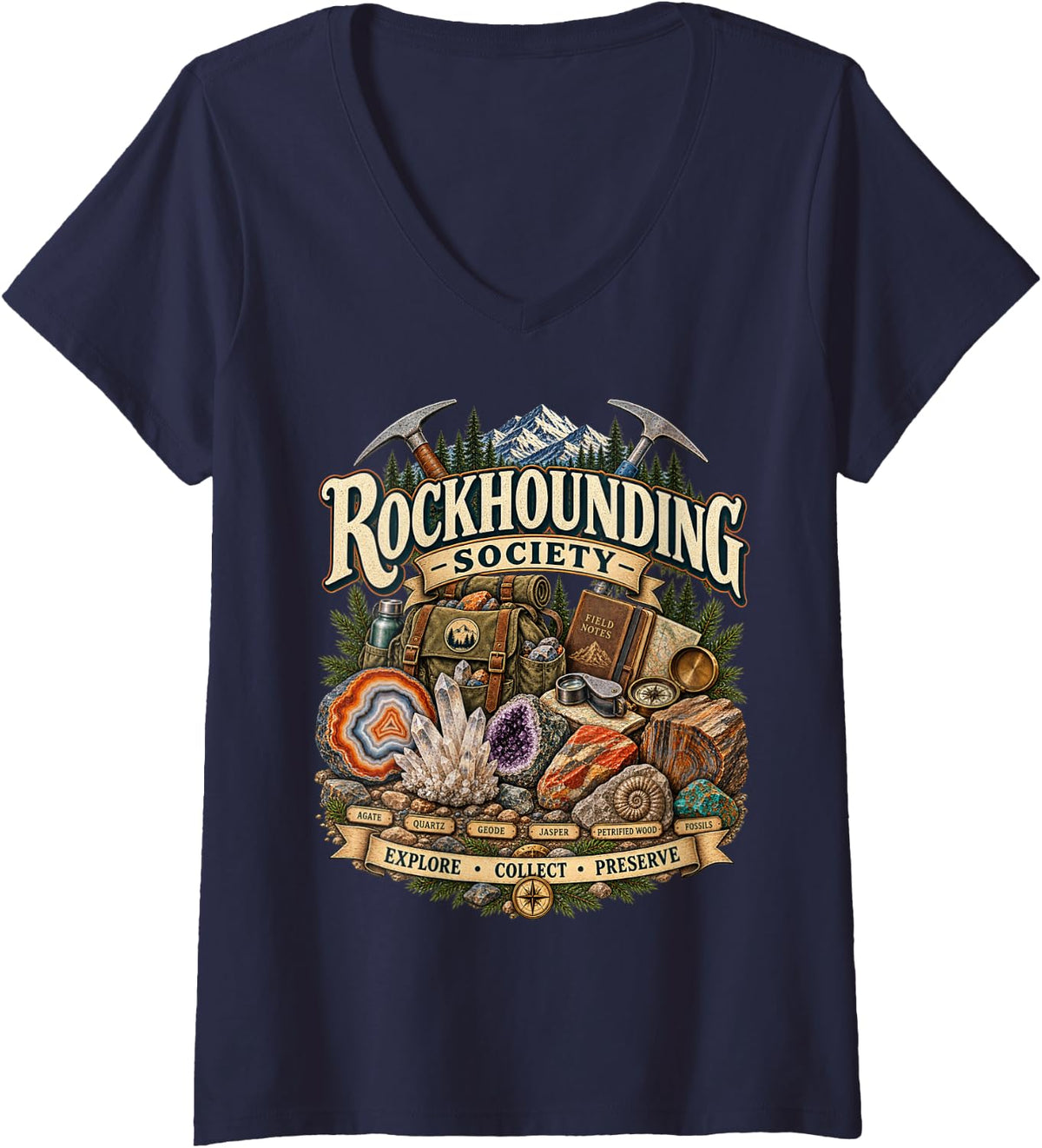 Women's Rockhounding Society Rockhound Rock Collector Rock Hunter V-Neck T-Shirt - Navy Blue