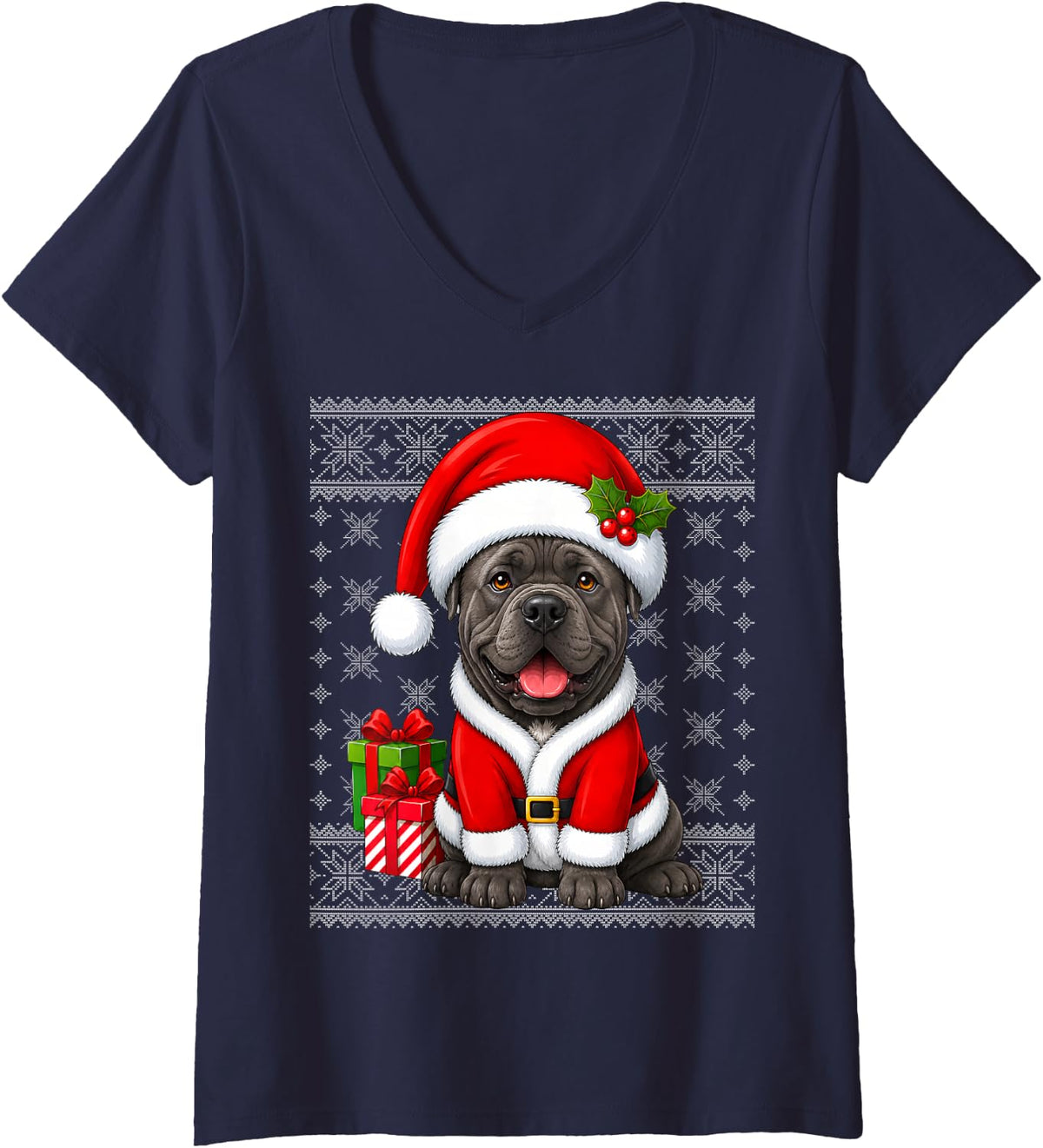 Women's Cane Corso Dog in Christmas Santa Costume Ugly Sweaters Xmas V-Neck T-Shirt - Navy Blue