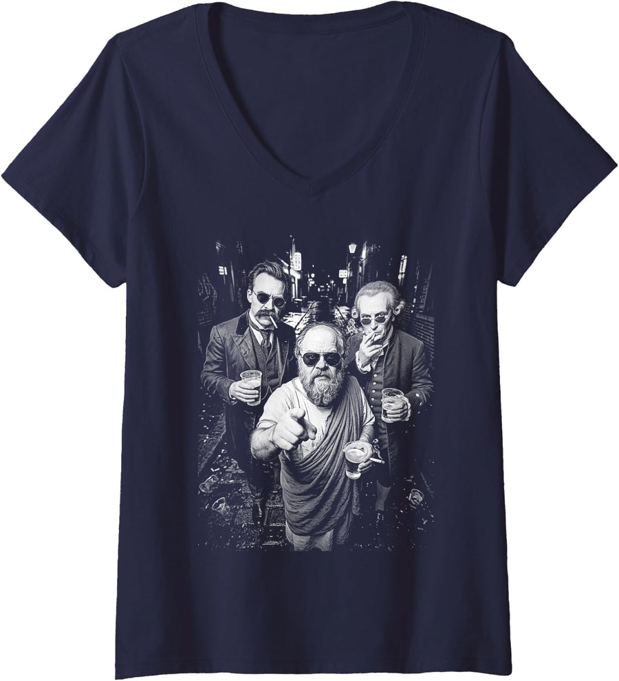 Women's Philosophy Rampant in The Streets Funny Philosophers V-Neck T-Shirt - Navy Blue
