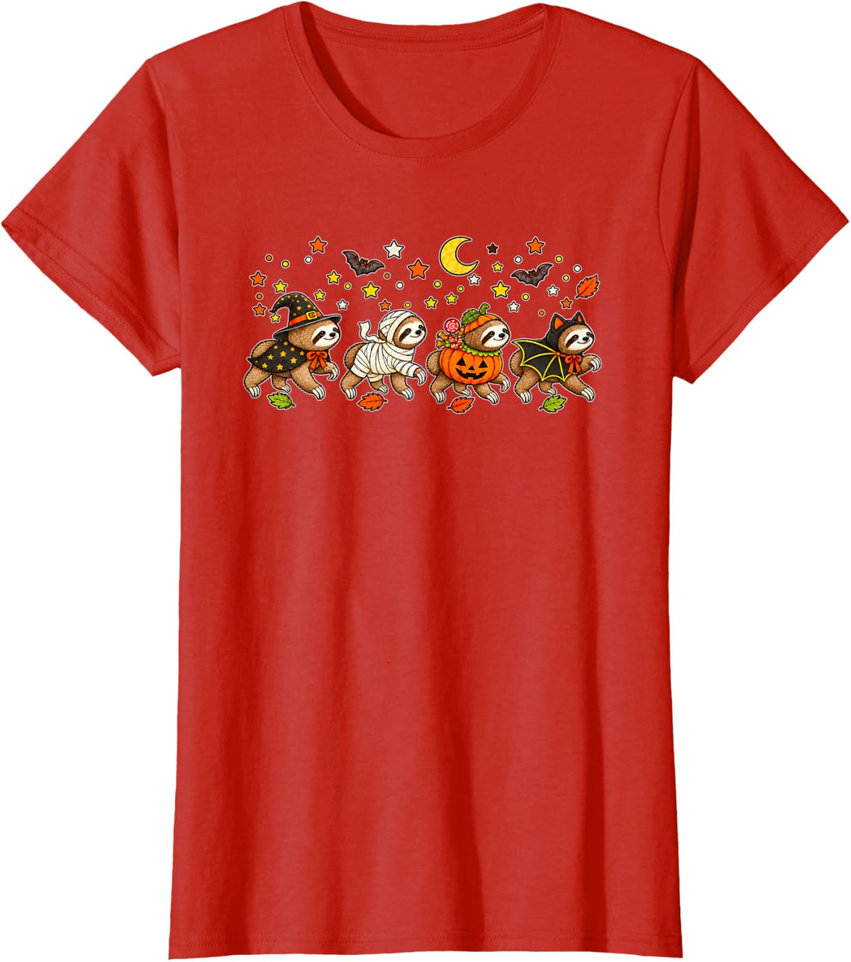 Cute Halloween Sloths Witch Mummy Pumpkin Bat T-Shirt - Red