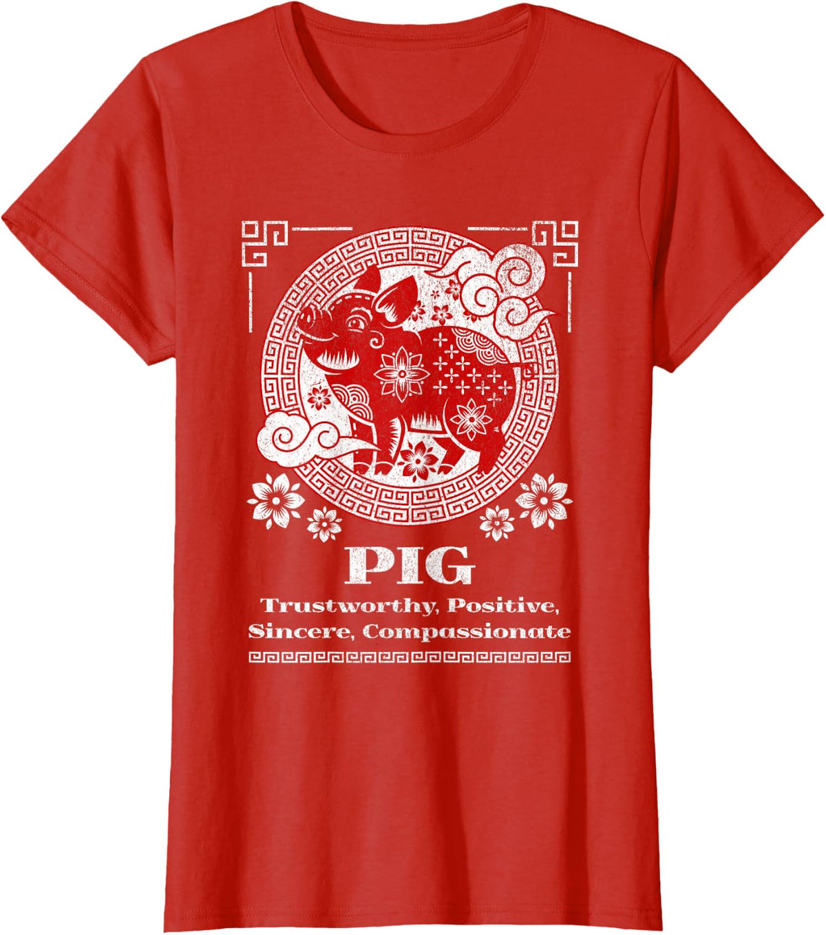 Chinese Zodiac Pig T-Shirt - Red, Small, Short Sleeve, Mandarin Collar, Unisex-Adult - Red