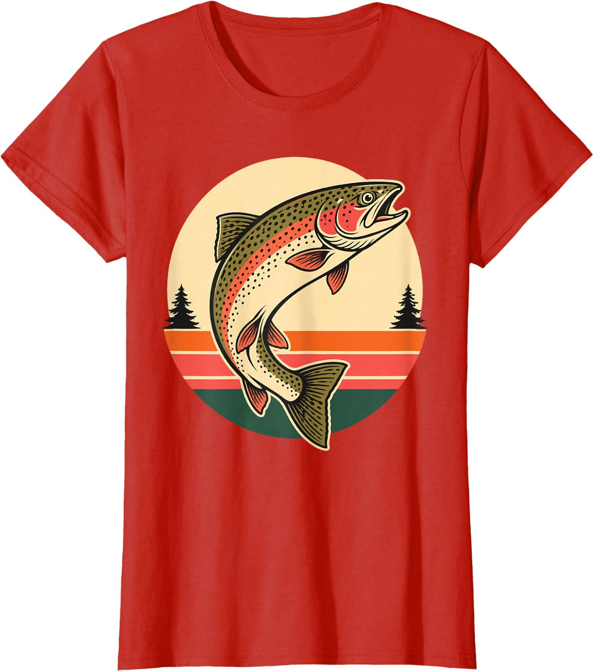 Rainbow Trout Fishing Retro Sunset T-Shirt - Red