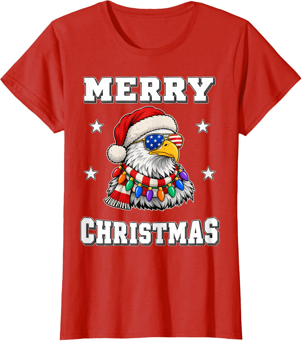 Merry Eagle Christmas Shirt Bald Eagle USA Santa Lights T-Shirt - Red