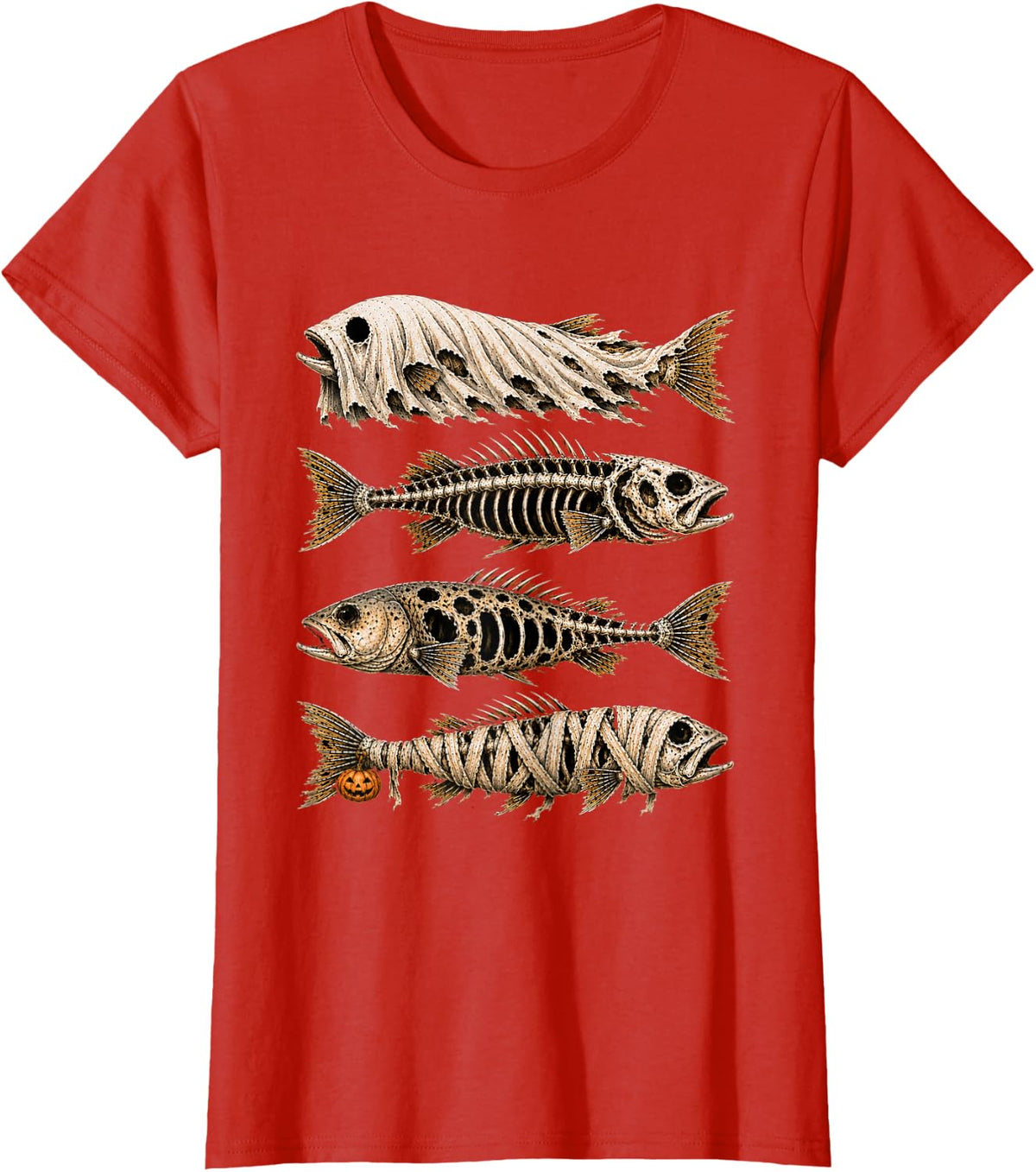 Halloween Trout Fishing Ghost Skeleton Mummy Fish Pumpkin T-Shirt - Red