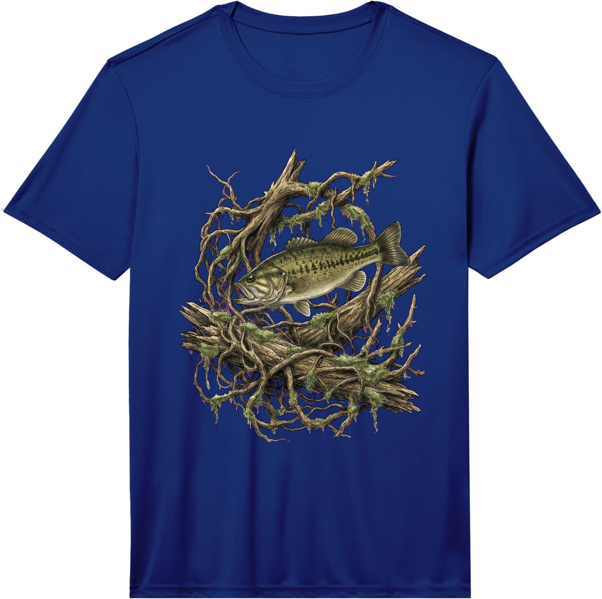 Men's Largemouth Bass Sunken Log Root Timber Structure Angler Performance T-Shirt - Royal Blue