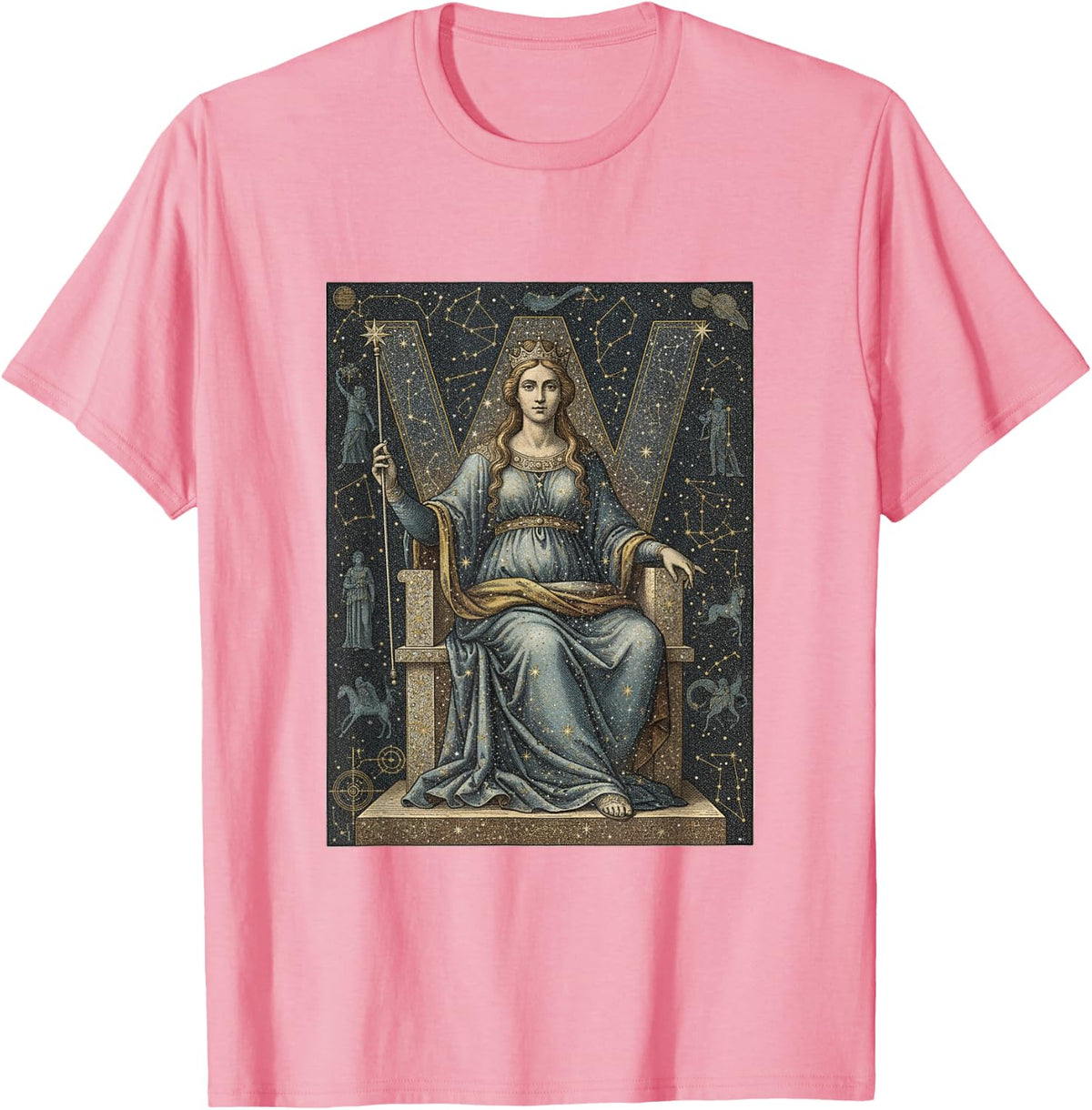 Cassiopeia Crowned Queen Celestial Star Map Art Graphic T-Shirt - Pink
