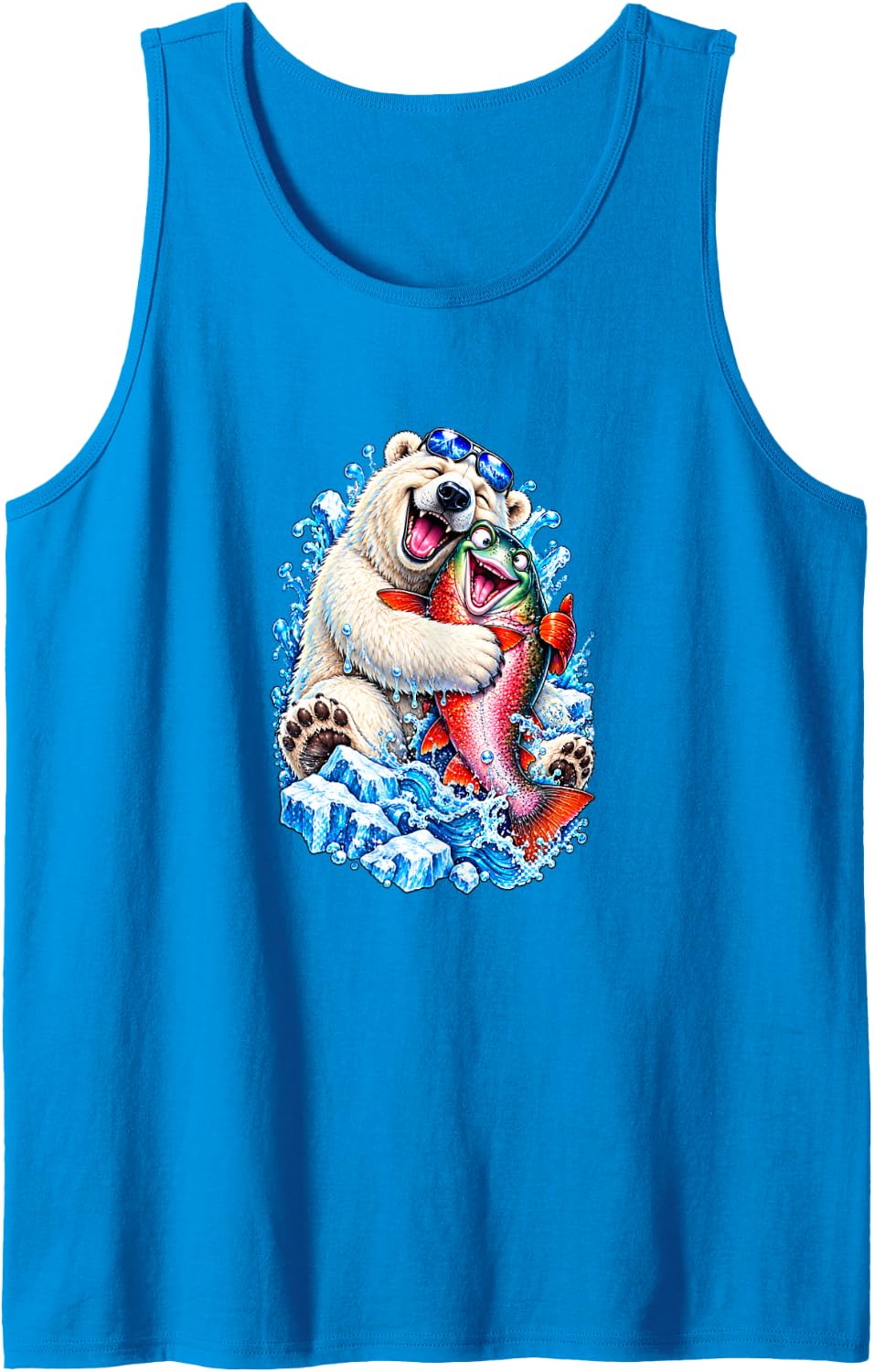 Happy Polar Bear Hugging Fish Summer Splash Sleeveless Tank Top - Sapphire Blue