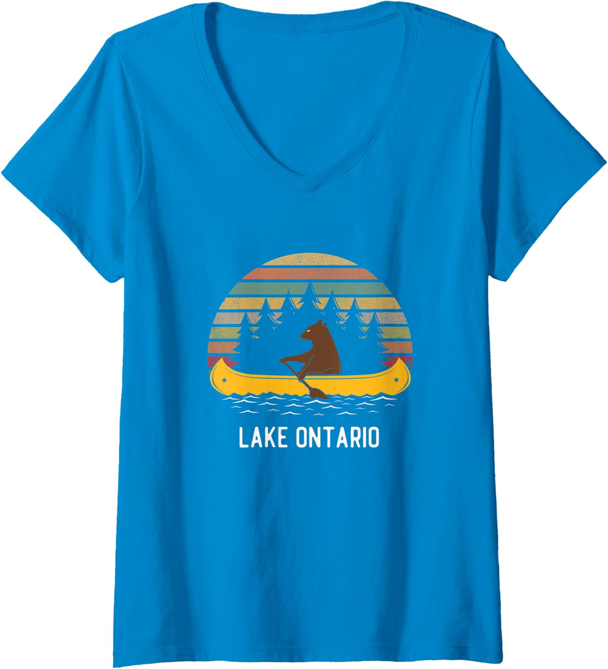 Womens Lake Ontario Vintage retro sunset Bear Canoe outdoor hiking V-Neck T-Shirt - Sapphire Blue