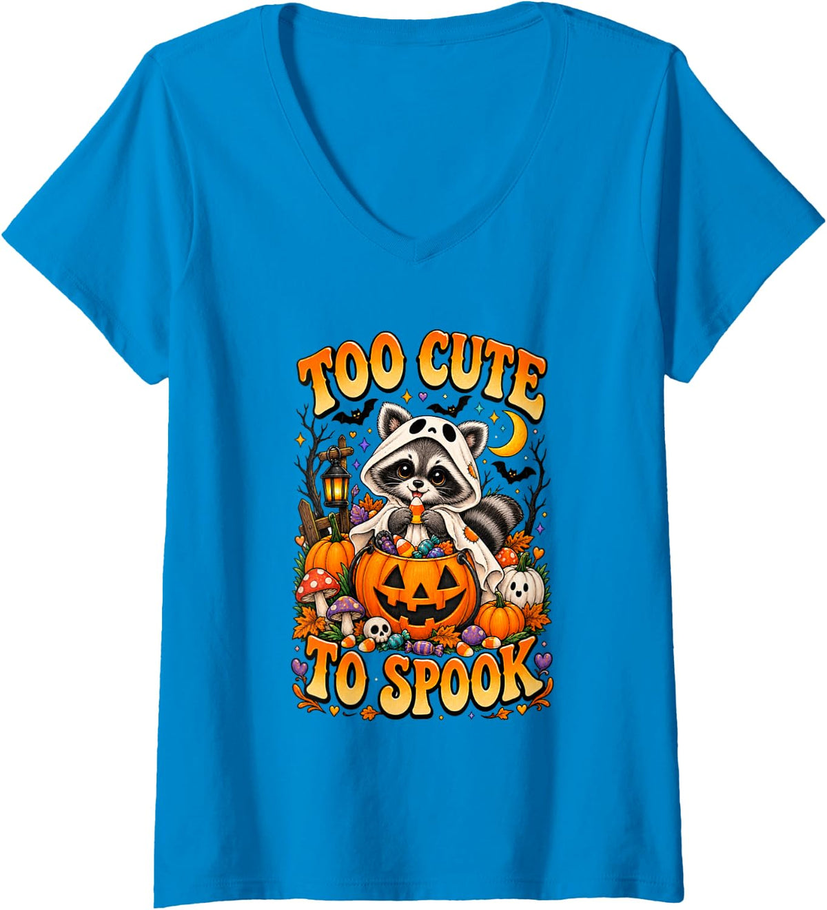 Women's Too Cute to Spook Raccoon Halloween Ghost Funny V-Neck T-Shirt - Sapphire Blue