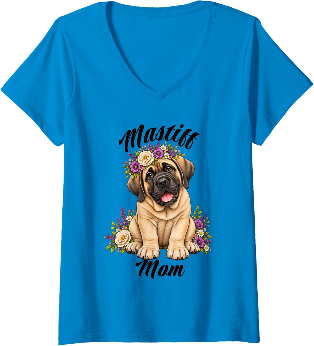 Women's Mastiff Mom Cute Puppy Flowers Crown Floral Dog V-Neck T-Shirt - Sapphire Blue